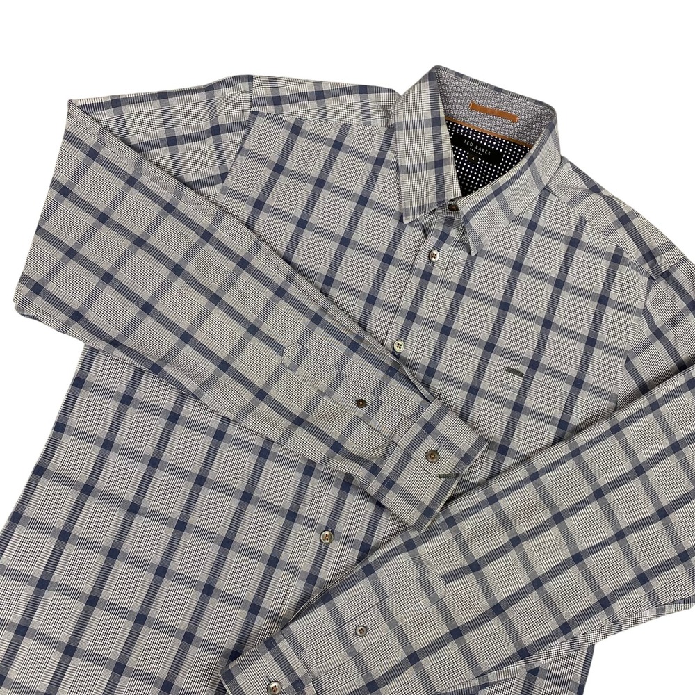 Ted Baker Mens Button Down Shirt Size 4 Blue White Plaid Long Sleeve Cotton